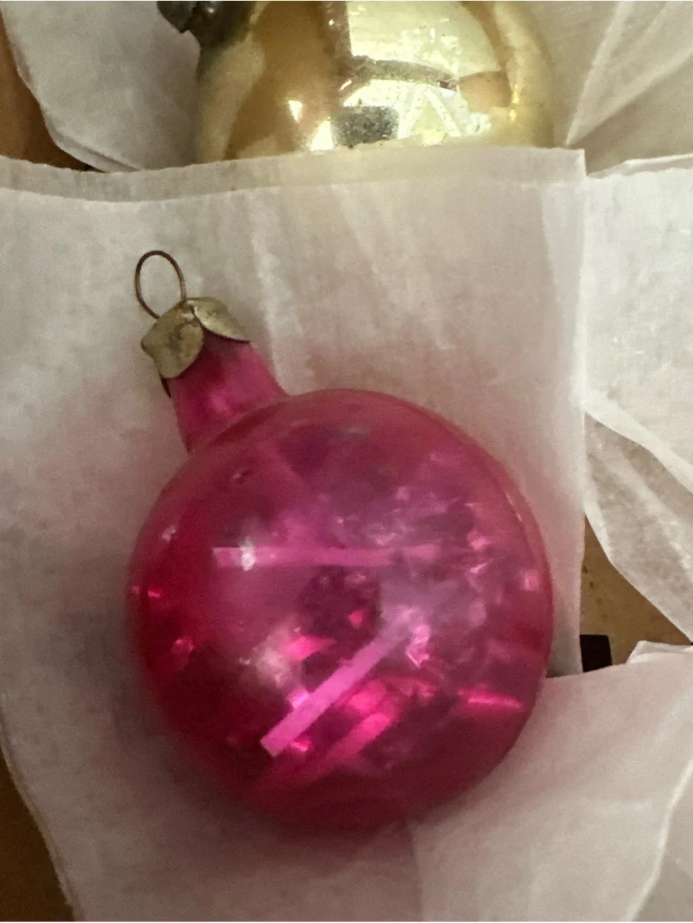 BOX OF VINTAGE 40’s ORNAMENTS TINSEL BALLS UNSILVERED